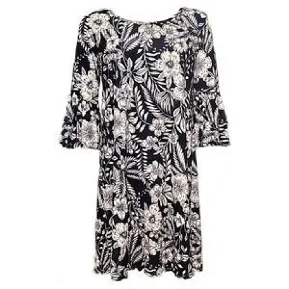Espresso Dress Floral Relax Fit Shift Bell Sleeves Anti-Wrinkle Navy Blue sz S